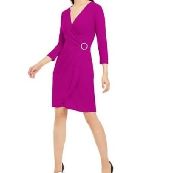 INC International NWT Glitz Faux Wrap Dress Magenta Flame BarbiecoreSize L - Picture 1 of 10